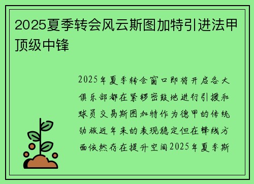 2025夏季转会风云斯图加特引进法甲顶级中锋