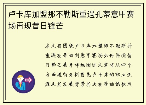 卢卡库加盟那不勒斯重遇孔蒂意甲赛场再现昔日锋芒