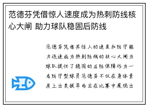 范德芬凭借惊人速度成为热刺防线核心大闸 助力球队稳固后防线 范德芬凭借惊人速度成为热刺防线核心大闸 助力球队稳固后防线