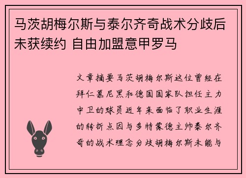 马茨胡梅尔斯与泰尔齐奇战术分歧后未获续约 自由加盟意甲罗马 马茨胡梅尔斯与泰尔齐奇战术分歧后未获续约 自由加盟意甲罗马