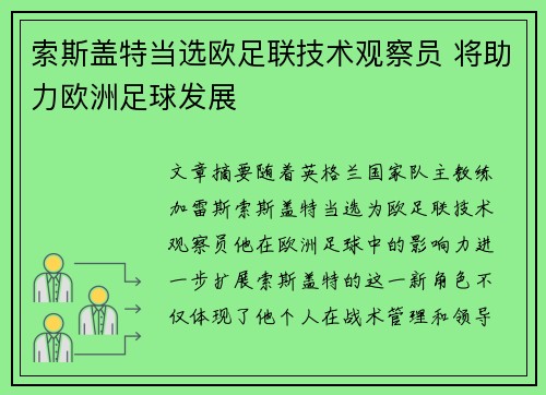 索斯盖特当选欧足联技术观察员 将助力欧洲足球发展 索斯盖特当选欧足联技术观察员 将助力欧洲足球发展