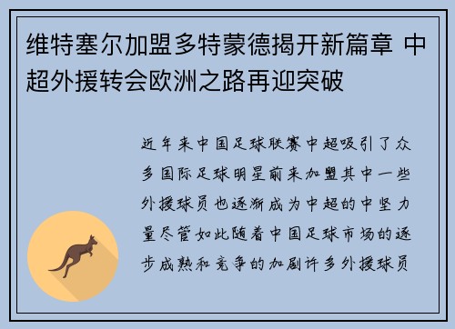 维特塞尔加盟多特蒙德揭开新篇章 中超外援转会欧洲之路再迎突破 维特塞尔加盟多特蒙德揭开新篇章 中超外援转会欧洲之路再迎突破